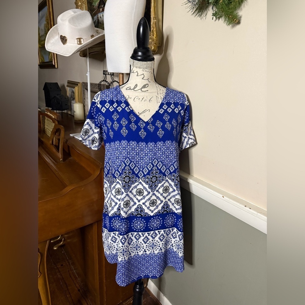 Peppermint Blue and White Graphic Midi Tunic Dress